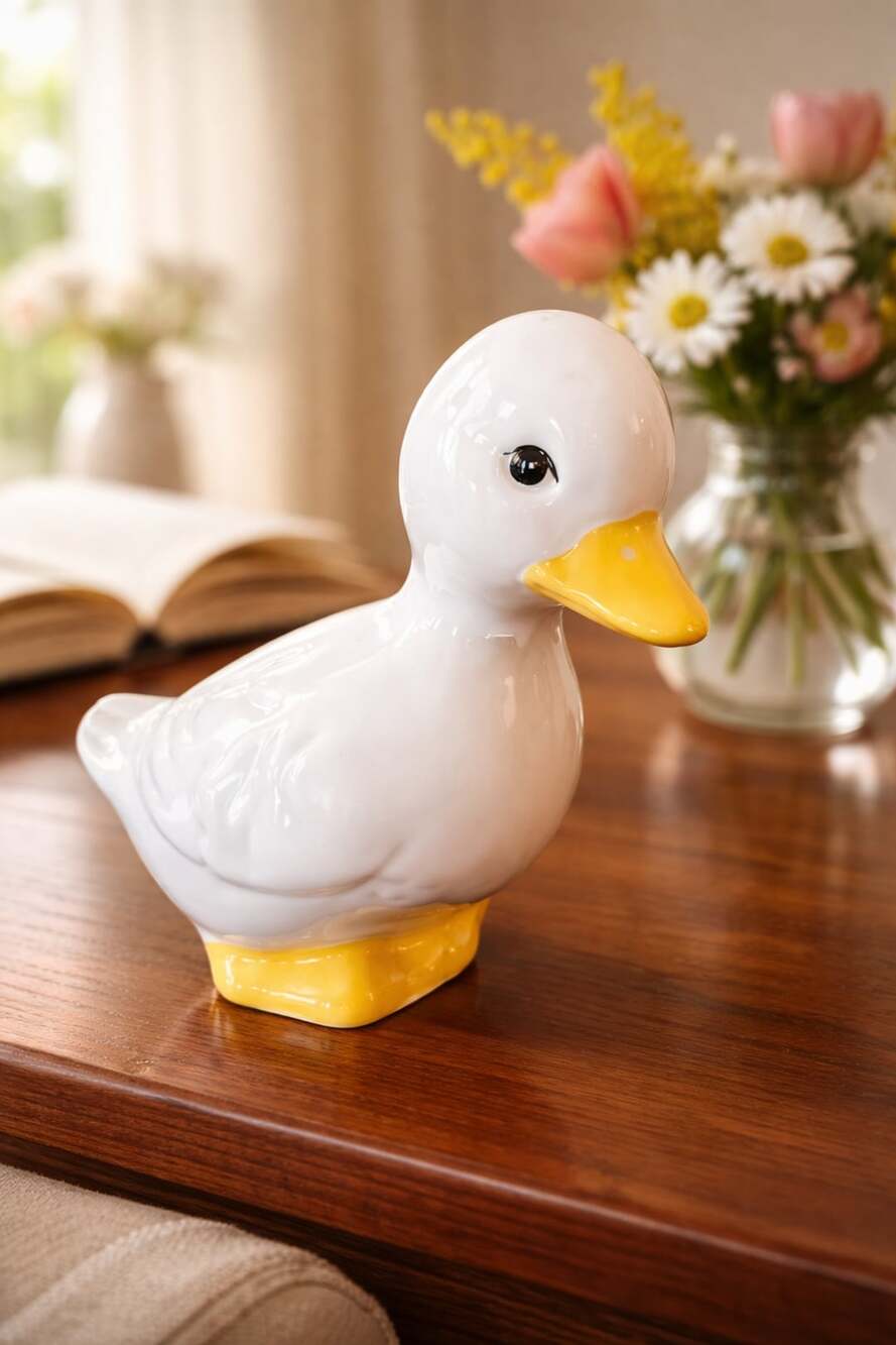 Vintage Ceramic White Duck Figurine with Yellow Bill and Feet